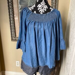Beach Lunch Lounge blue smocked collar blouse size Large